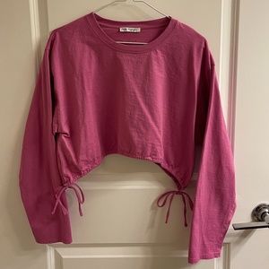 Zara Hot Pink Cropped Cinch Hem Long Sleeve Tee Top Size Large